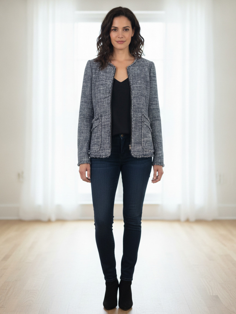 Rebecca Taylor Navy Tweed Frayed Edge Jacket Size 10